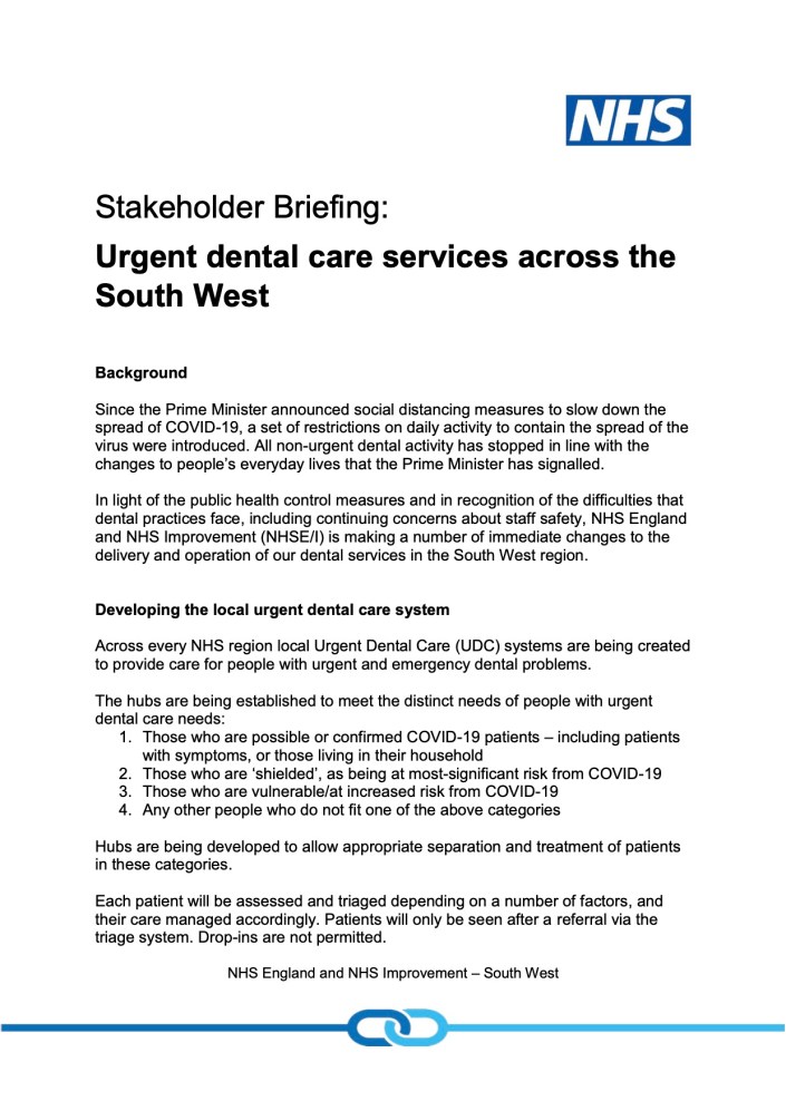 Urgent Dental Centres - Stakeholder Briefing Note 20200409 final